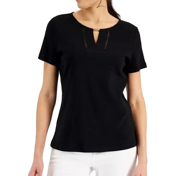 Karen Scott Women's Cotton Keyhole-Cutout Top, Deep Black - Picture 1 of 9